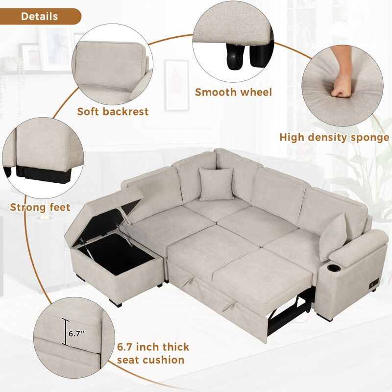 87.4" Sleeper Sofa Bed, 2 in 1 Pull Out sofa bed L SHAPED Couch with Storage Ottoman for Living Room, Bedroom Couch and Small Apartment, Beige