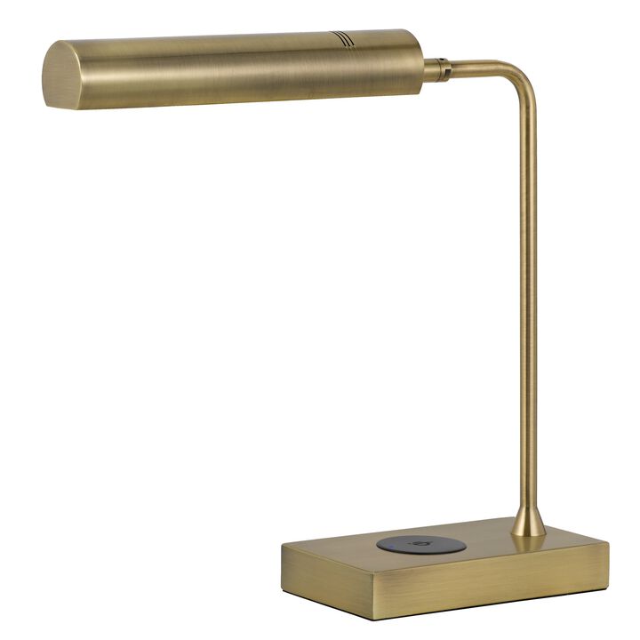 Dyna 18 Inch Integrated LED Desk Lamp, Wireless USB Port, Antique Brass - Benzara