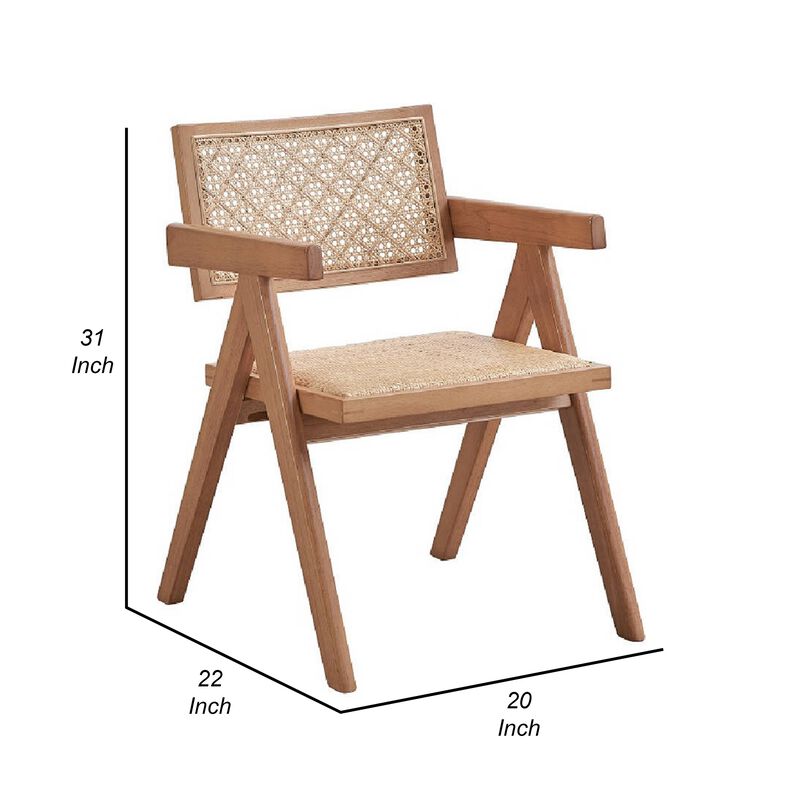 Tina 22 Inch Dining Armchair Set of 2, Woven Rattan, Natural Brown Wood - Benzara