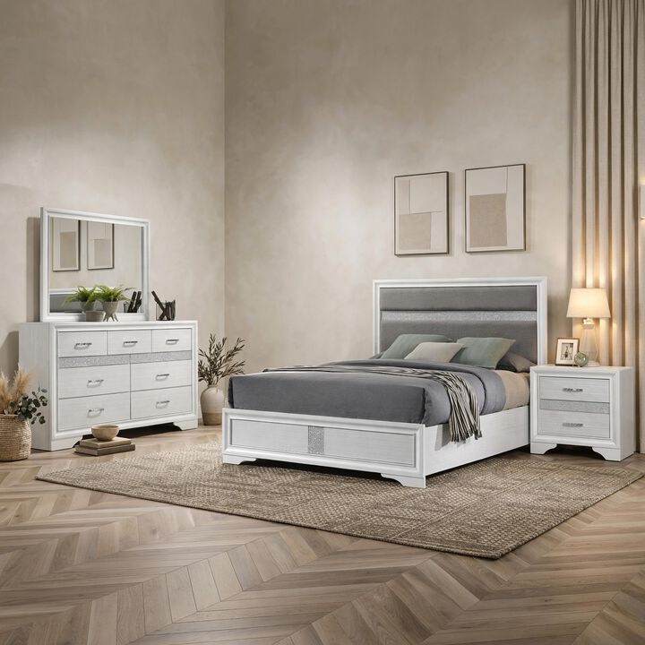 Vino 4pc Twin Bedroom Set, White Upholstery, Glitter Striped Dresser