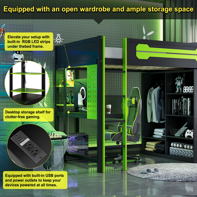 Merax Full Size Gaming Loft Bed with Desk, Wardrobe & RGB Lights image number 3