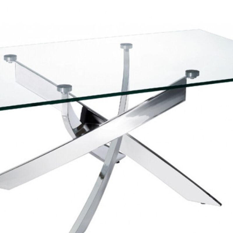 Rectangular Glass Top Coffee Table with Chromed Metal Base, Clear and Silver-Benzara image number 4