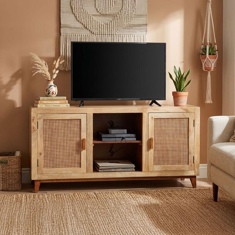Aru 58 Inch Sideboard Buffet Cabinet, 2 Cane Doors n Open Shelves, 2 Tone Antique Brown Mango Wood image number 5