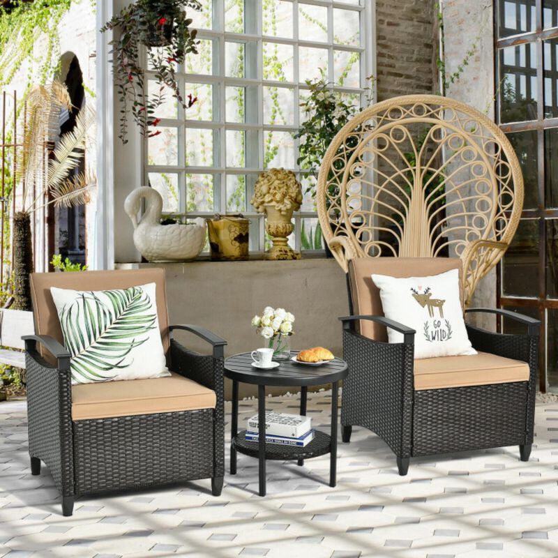 Hivvago 3 Pieces Patio Rattan Furniture Set Cushioned Sofa Storage Table with Shelf Garden