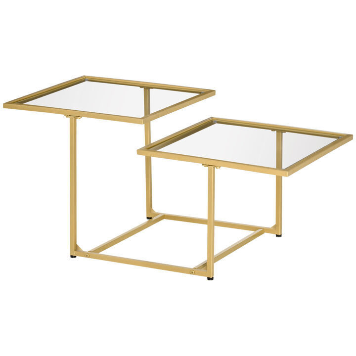 HOMCOM Coffee Table, Tempered Glass Coffee Table with 2 Square Tabletops, Modern Coffee Tables for Living Room, Bedroom, Gold
