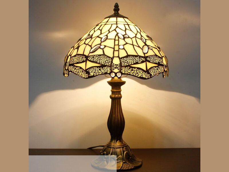 Tiffany Dragonfly Table Lamp Cream Stained Glass Bedside Desk Reading Light image number 1