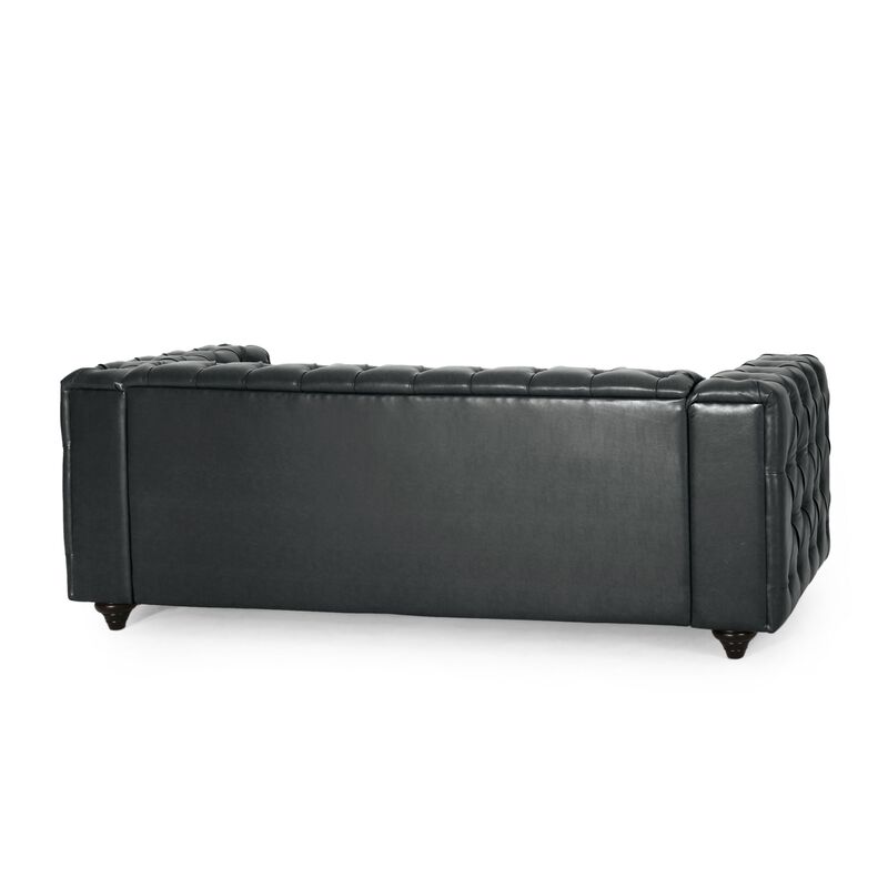 Arlo Sofa, Chesterfield Tufted Black Faux Leather Upholstery