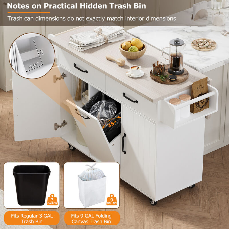 Merax Rolling Kitchen Island with Tilt-Out Trash Cabinet, Drop Leaf, 2 Drawers, 2 Cabinets image number 3