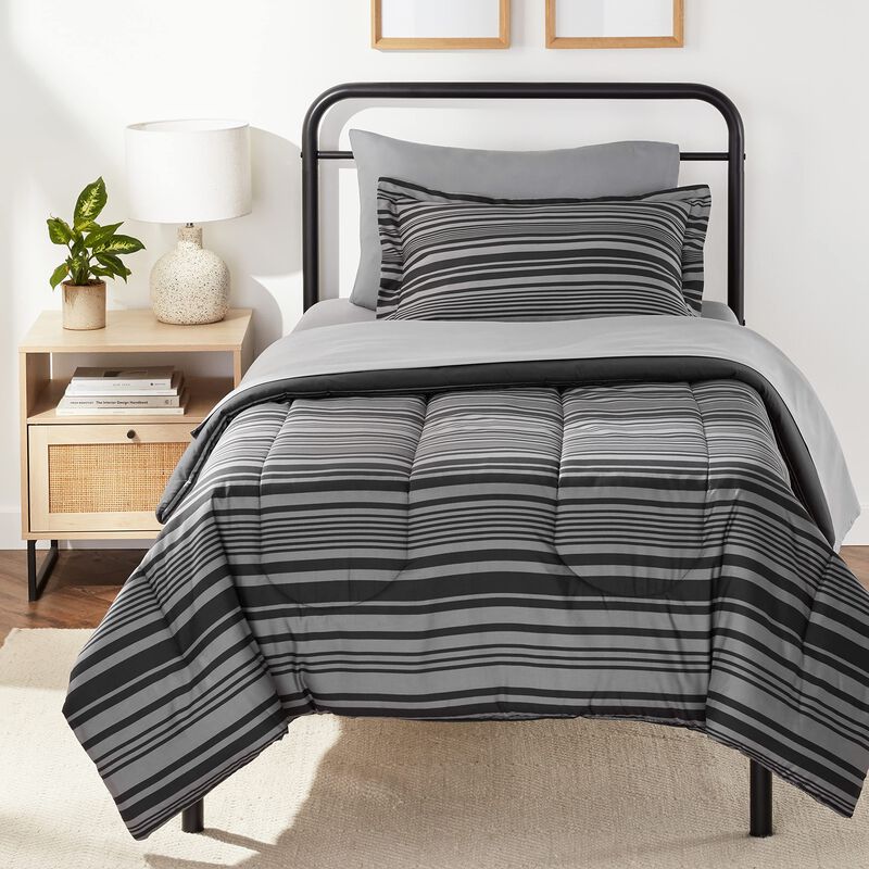 Amazon Basics Twin XL Comforter Set with Sheets, 5-Piece Gray Calvin Stripe Bedding, Lightweight Microfiber Bed-in-a-Bag