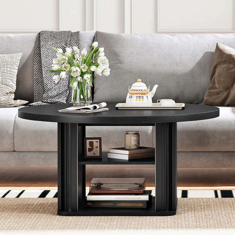 Modern Round Coffee Table with Sliding Door Storage for Living Room-Black image number 3
