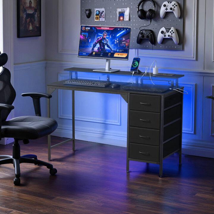 Gaming Desk with LED Lights, Charging Station, 4 Storage Drawers and Monitor Shelf-Black