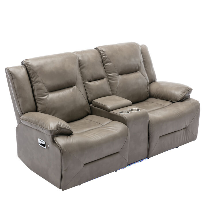 2 Seater Home Theater Recliner Manual Recliner Chair with a LED Light Strip Two Cup Holders and a Storage Box for Living Room,Bedroom