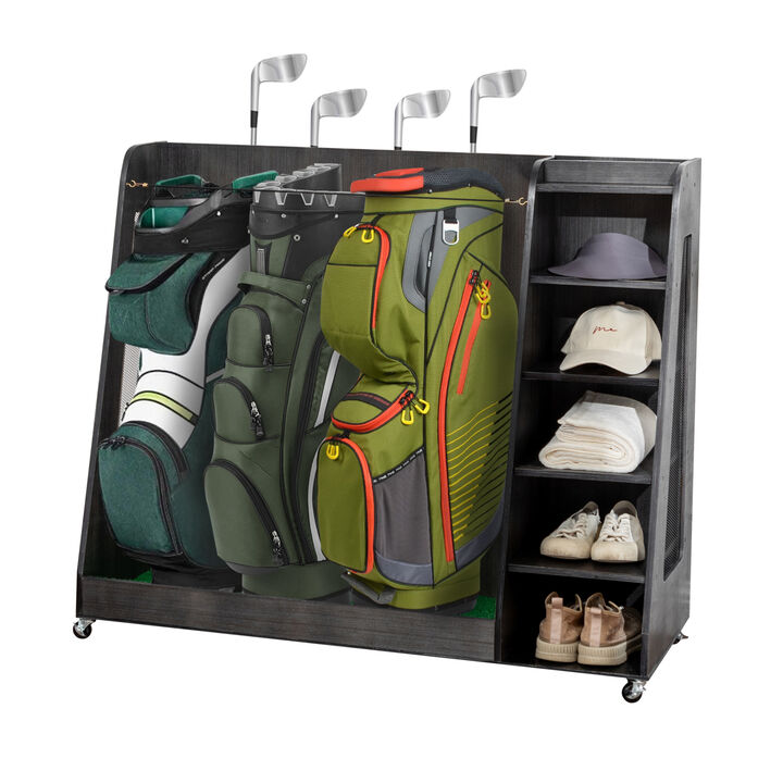 WOW PIONEER Heavy Duty Wooden Golf Bag Storage Rack with 3 Drawers - Holds Stand Bags, Clubs, Balls, Shoes & Accessories