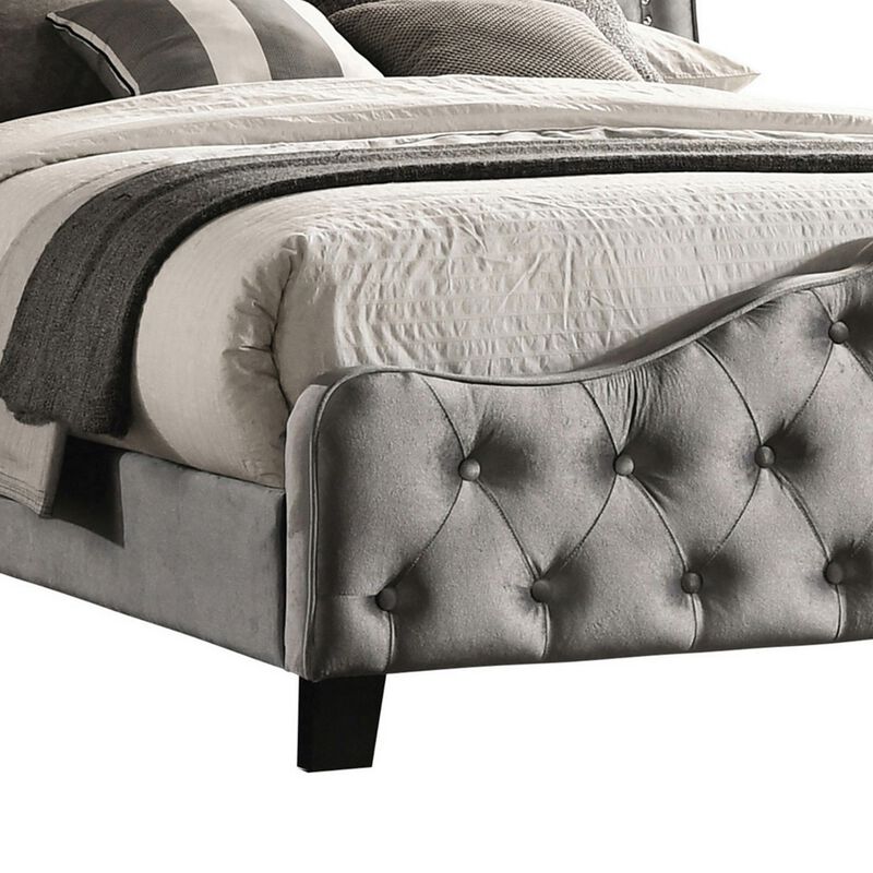 Pue California King Size Bed, Vintage Gray Button Tufted Chesterfield Style