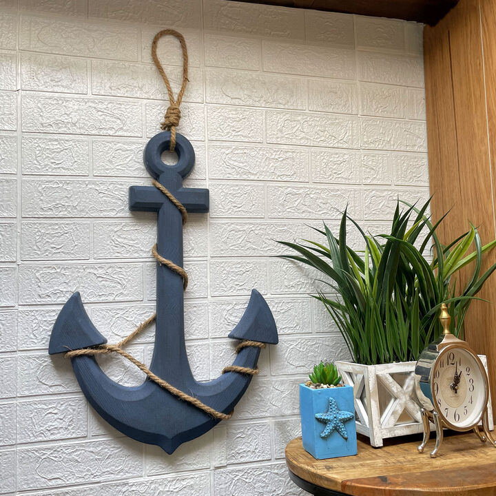 Large 24"x16" Ship Anchor & Rope Wall Hanging - Hand-Painted Blue Finis