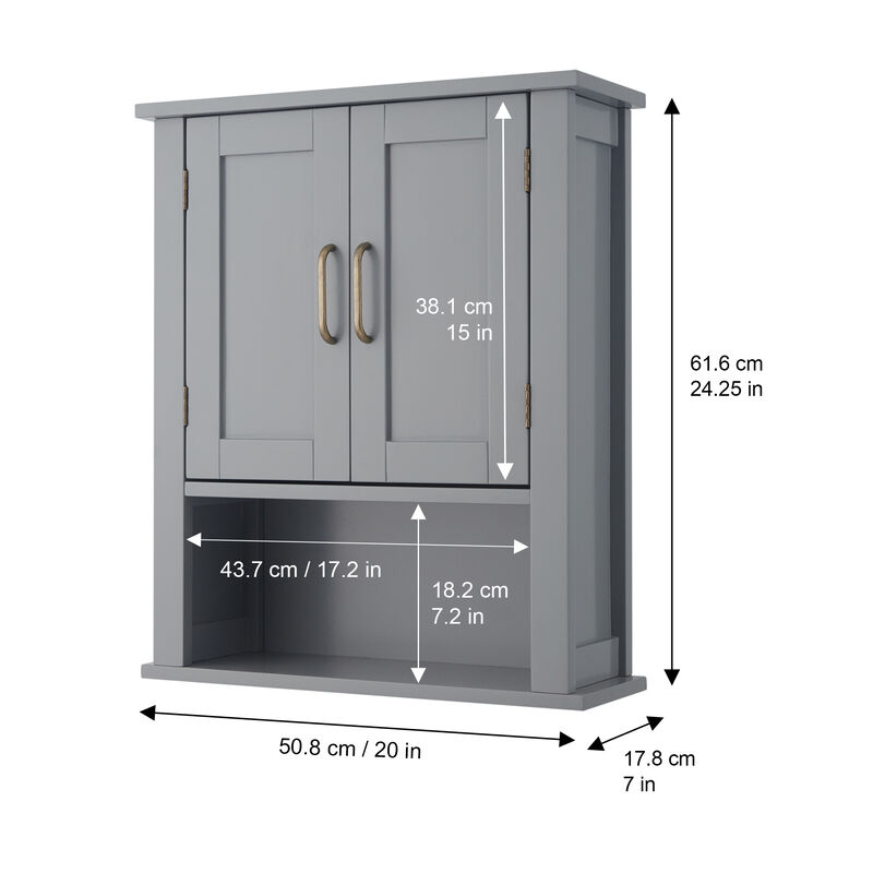 Teamson Home Mercer Removable Two-Door Wall Cabinet with Open Shelf, Gray