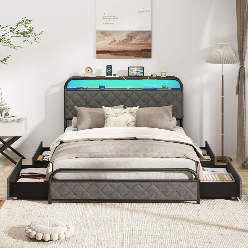 Contemporary Bed with LED Lighted Headboard and Tech Charging Hub