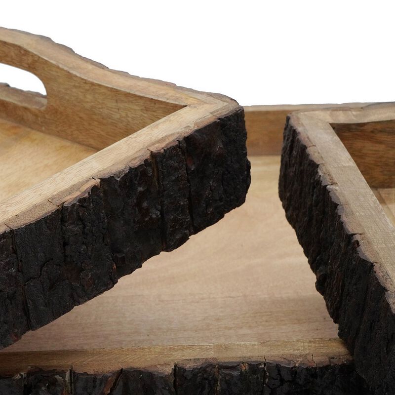 20, 18, 16 Inch Set of 3 Wood Serving Trays, Tree Bark Accent, Natural Brown - Benzara image number 2
