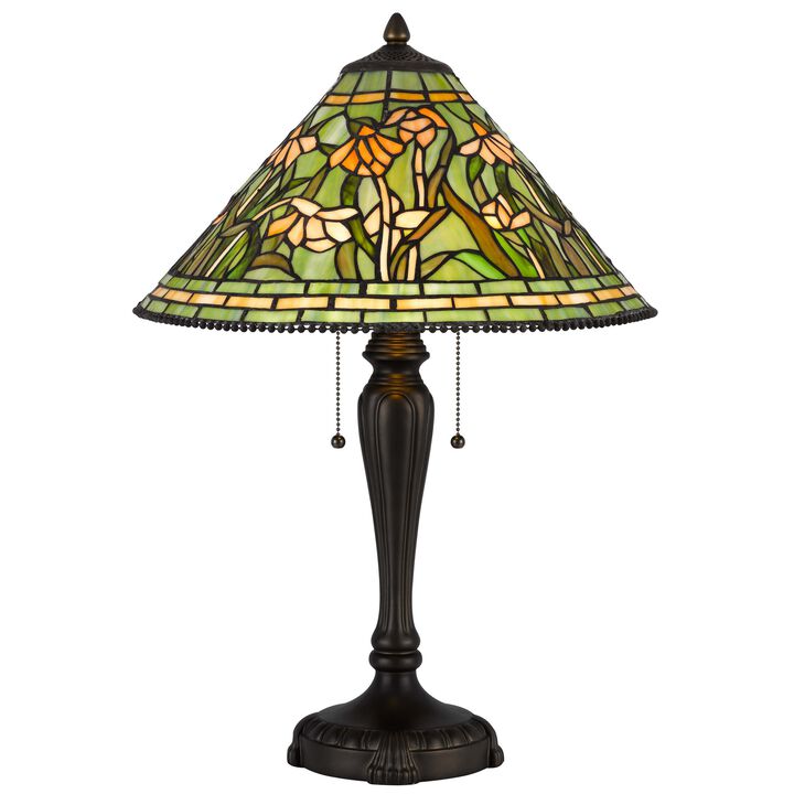 24 Inch Table Lamp, Floral Tiffany Style Stained Glass, Bronze Resin - Benzara