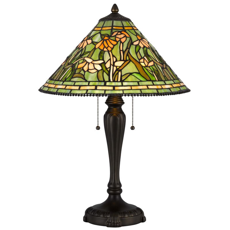 24 Inch Table Lamp, Floral Tiffany Style Stained Glass, Bronze Resin - Benzara