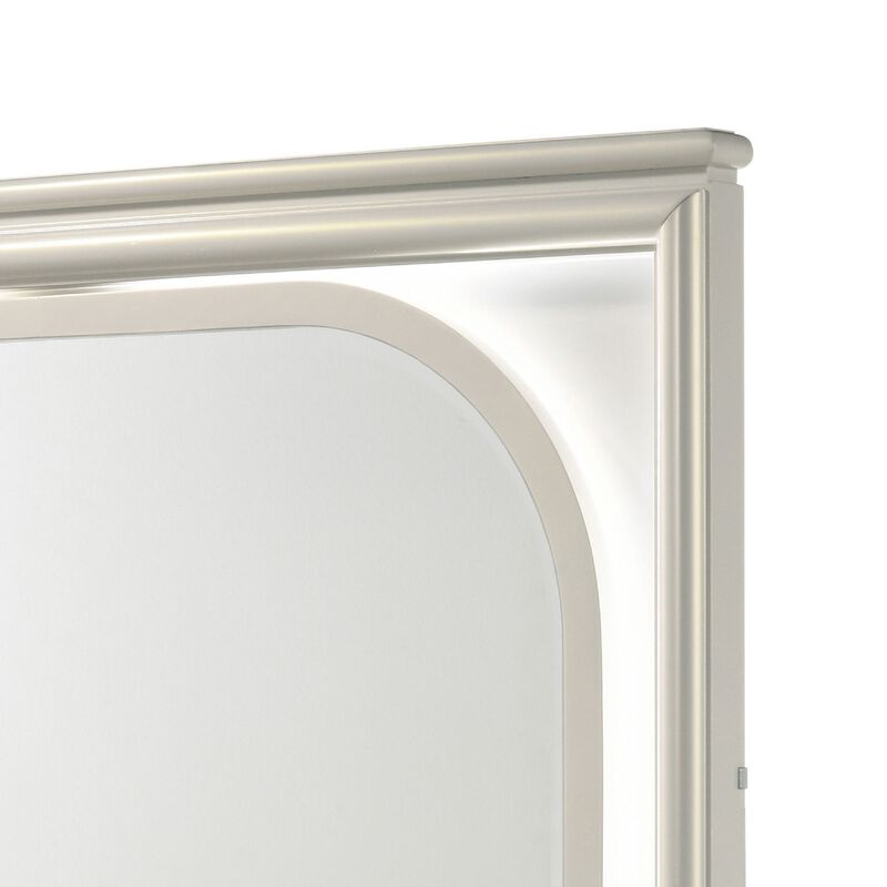 Ory Dresser Mirror, Touch LED Lighting, Pearl White Wood, 36 Inch - Benzara