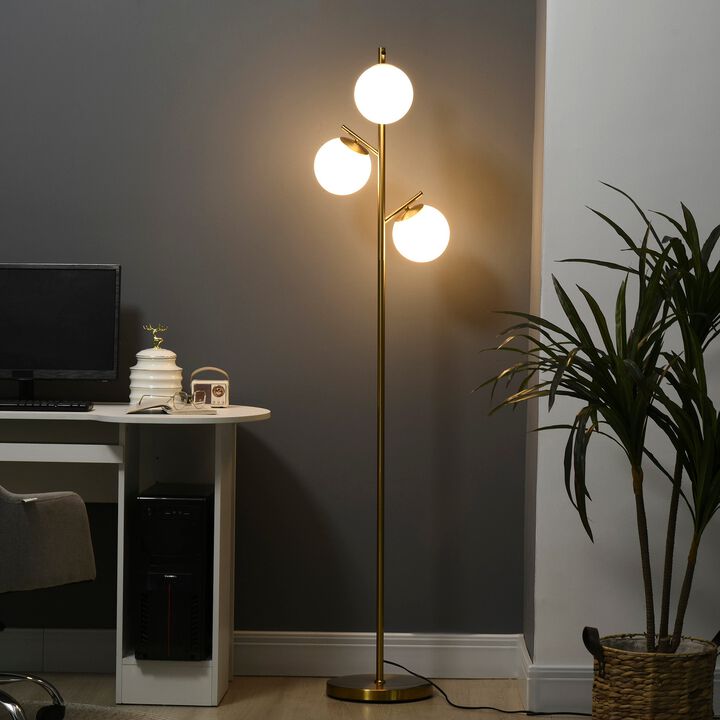 Gold Living Space Illumination: 3-Light Tree Floor Lamp with Globe Shades