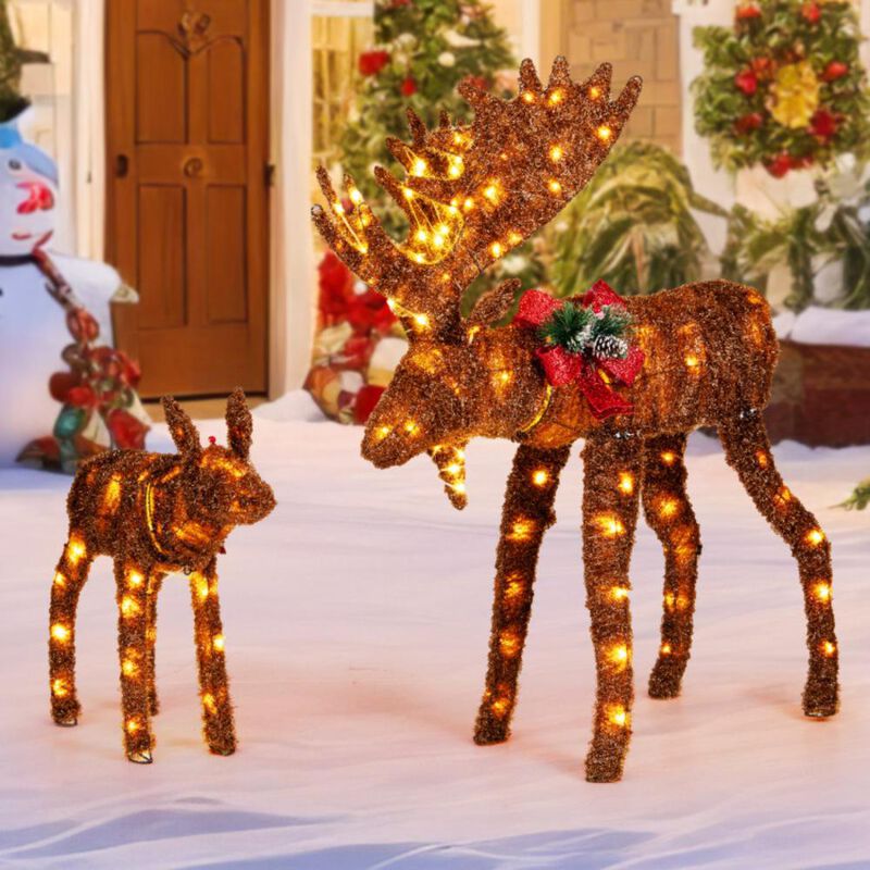 Hivvago 2 Pieces Lighted Moose Family with 170 LED Lights and Zip Ties