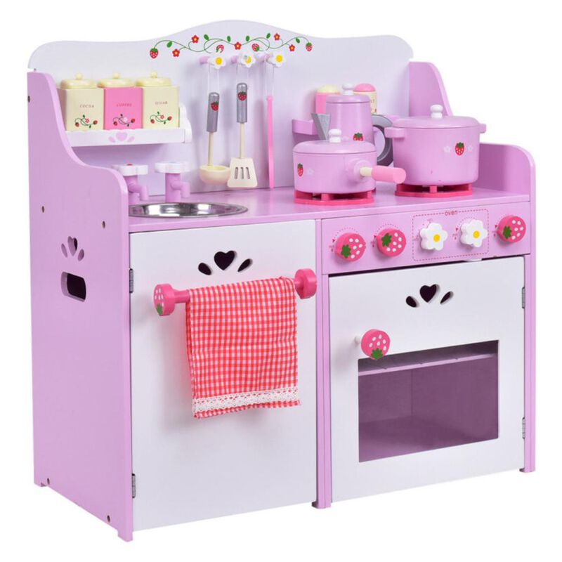Hivvago Kids Wooden Kitchen Toy Strawberry Pretend Cooking Playset