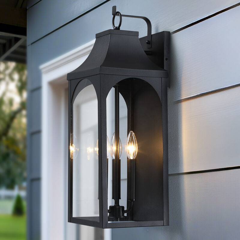 22.5 in. 3-Light Outdoor Wall Lantern in Sand Black with Clear Glass image number 1