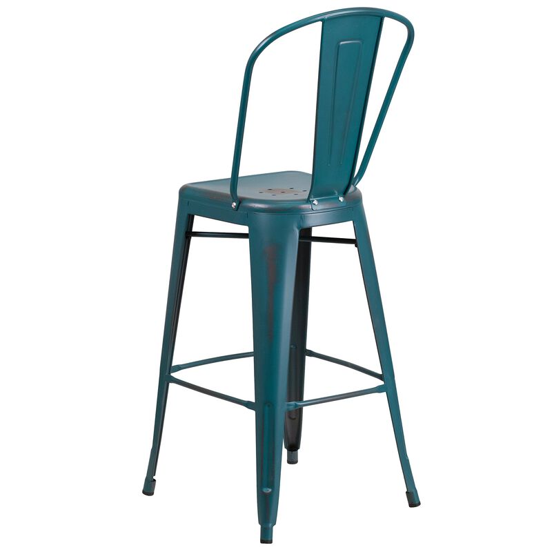 Flash Furniture Commercial Grade 30" High Distressed Kelly Blue-Teal Metal Indoor-Outdoor Barstool with Back