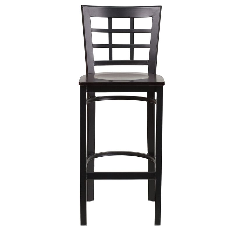 Flash Furniture HERCULES Series Black Window Back Metal Restaurant Barstool - Walnut Wood Seat