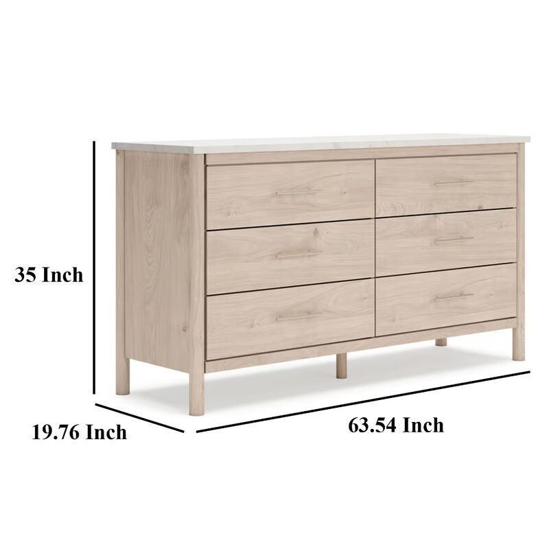 Mooran Wide Dresser, 6 Drawers, White Marble Finish Top, Brown Beige - Benzara