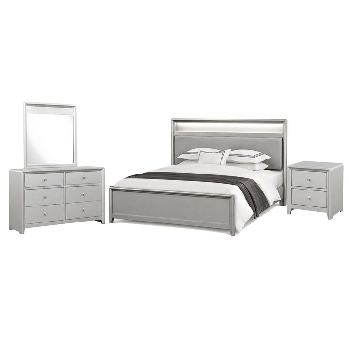 Broy 4pc Queen Bedroom Set w LED Bookcase Headboard, Mirror, Silver