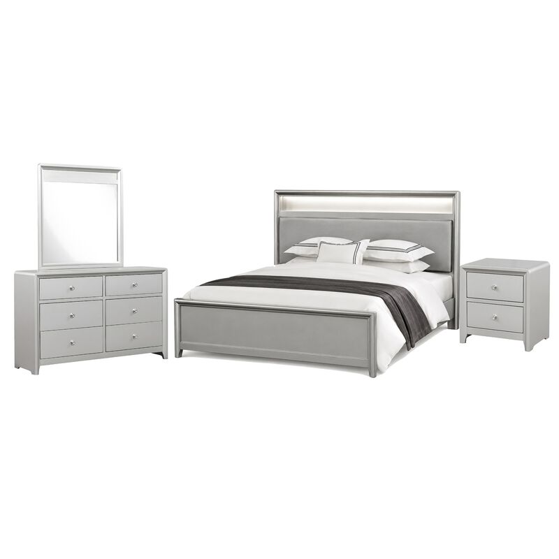 Broy 4pc Queen Bedroom Set w LED Bookcase Headboard, Mirror, Silver image number 0