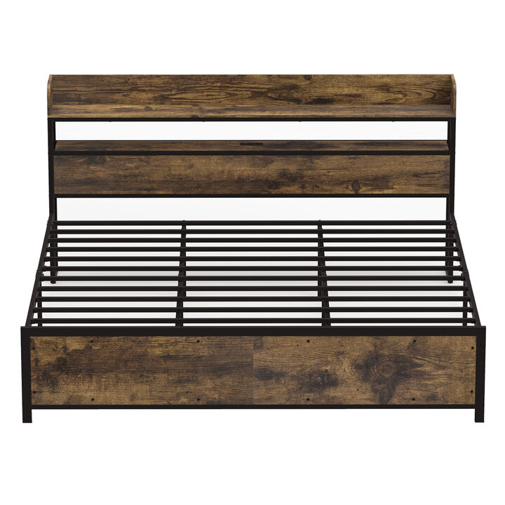 Modern LED Bed Frame with Charging Station and Storage Headboard for Bedroom