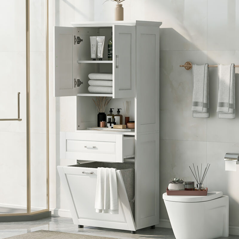 Whisen Tall Bathroom Cabinet with Large Storage Cabinet, Drawer and Tilt-Out Laundry Hamper