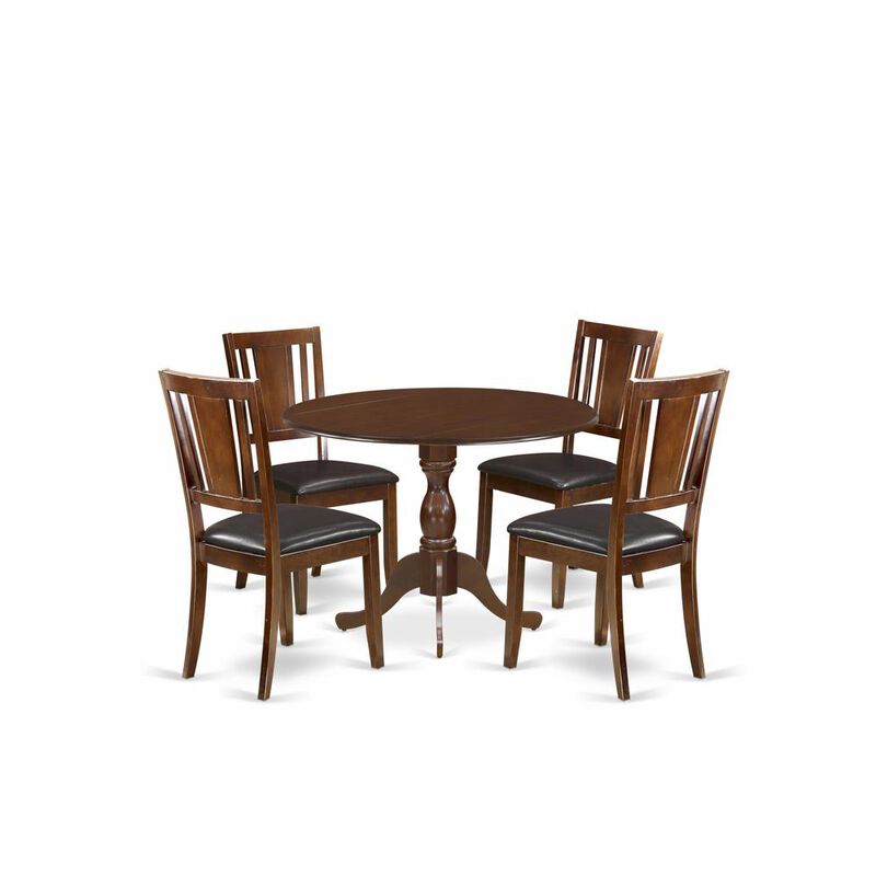 5 Piece Wood Dining Table Set Consists of 1 Drop Leaves Wooden Dining Table and 4 Mahogany Faux Leather Dining Chair with Panel Back - Mahogany Finish
