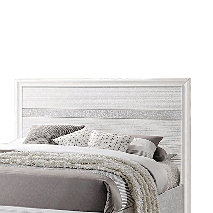 Contemporary Queen Bed with Drawers and Glittering Stripes, White - Benzara