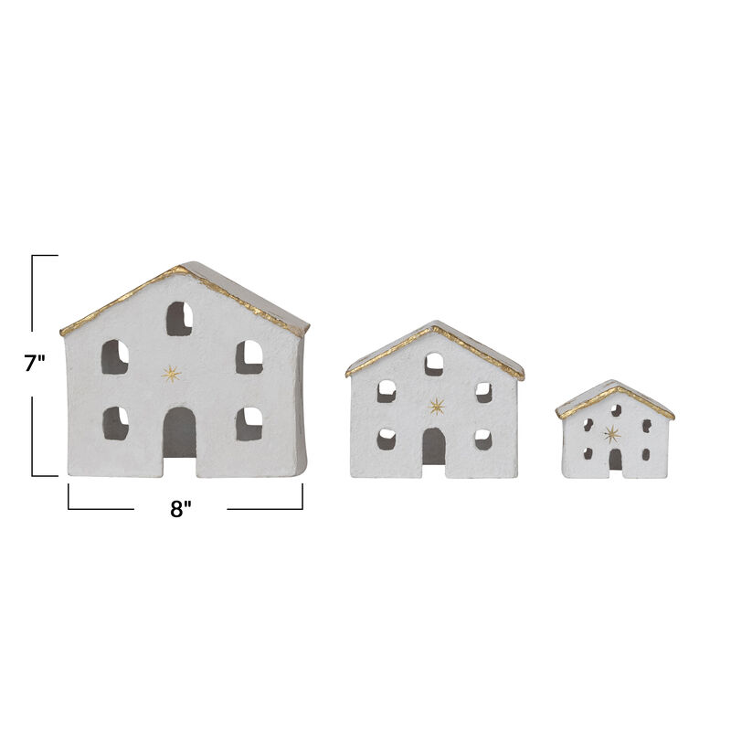 3-Piece Charming Paper Mache Houses with Gold Foil Stars and Trim, White image number 1