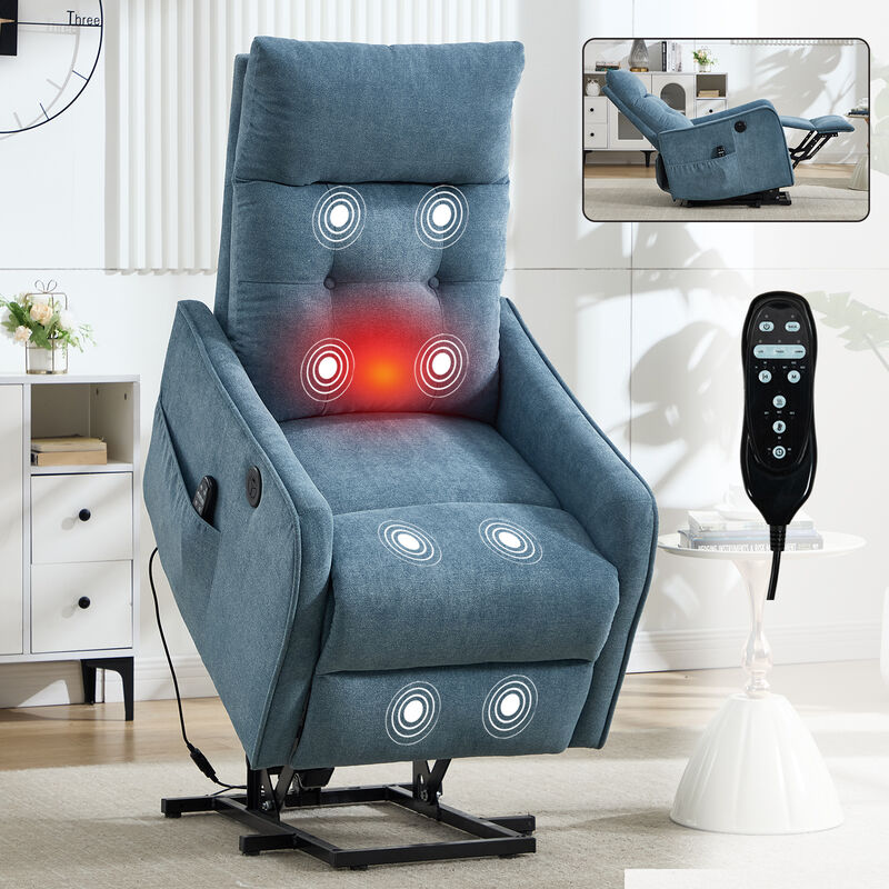 Chenille Single Motor Power Lift Recliner Chair with Heat Massage and USB Charging for Elderly
