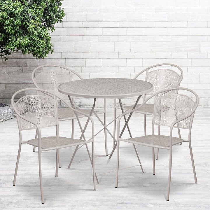 Flash Furniture Commercial Grade 30" Round Light Gray Indoor-Outdoor Steel Folding Patio Table Set with 4 Round Back Chairs