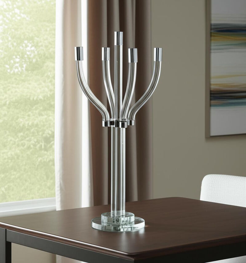 HomeRoots 20" Clear And Silver Crystal Tabletop Contempo Candelabra Candle Holder