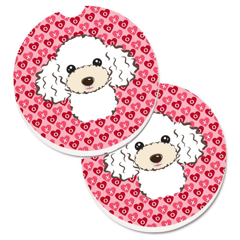 Caroline's Treasures White Poodle Hearts Set of 2 Cup Holder Car Coasters, 2.56, Multicolor