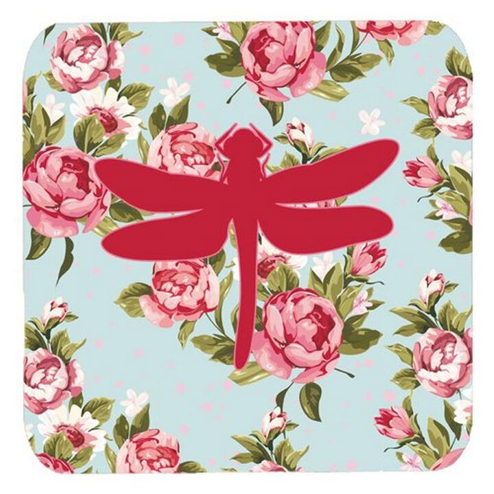 Caroline's Treasures BB1062-RS-BU-FC Dragonfly Shabby Chic Blue Roses Foam Coasters (Set of 4), 3.5 H x 3.5 W, Multicolor