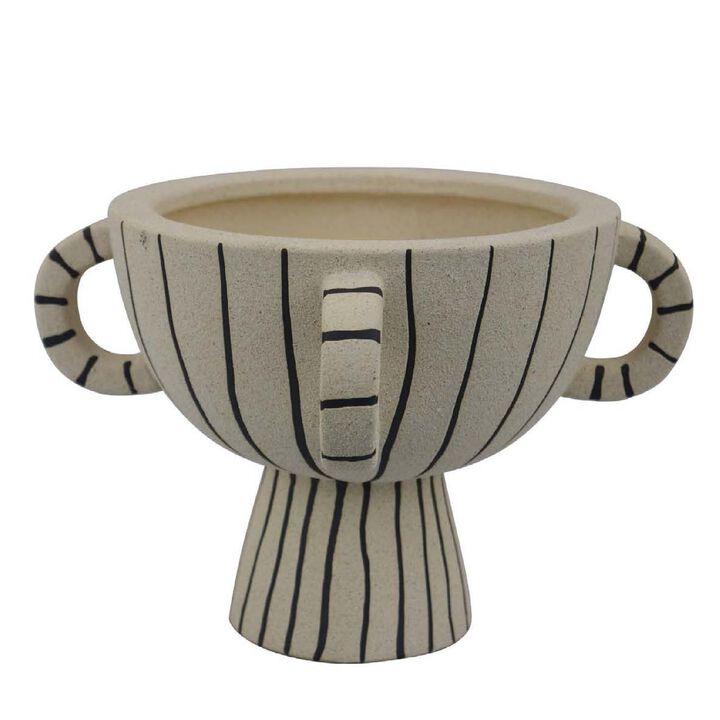 Javier Accent Planter with Loop Handles, Pedestal Black Beige Ceramic