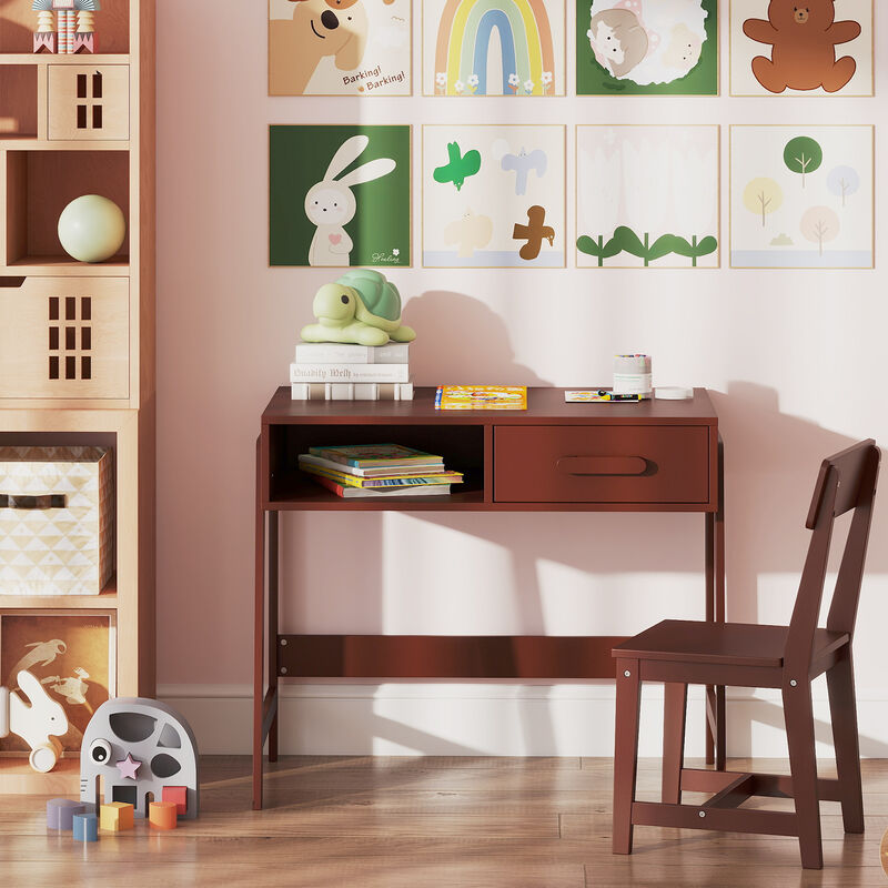 Kids Desk Set with Chair, Storage Drawer and Hutch for Study Room Organization
