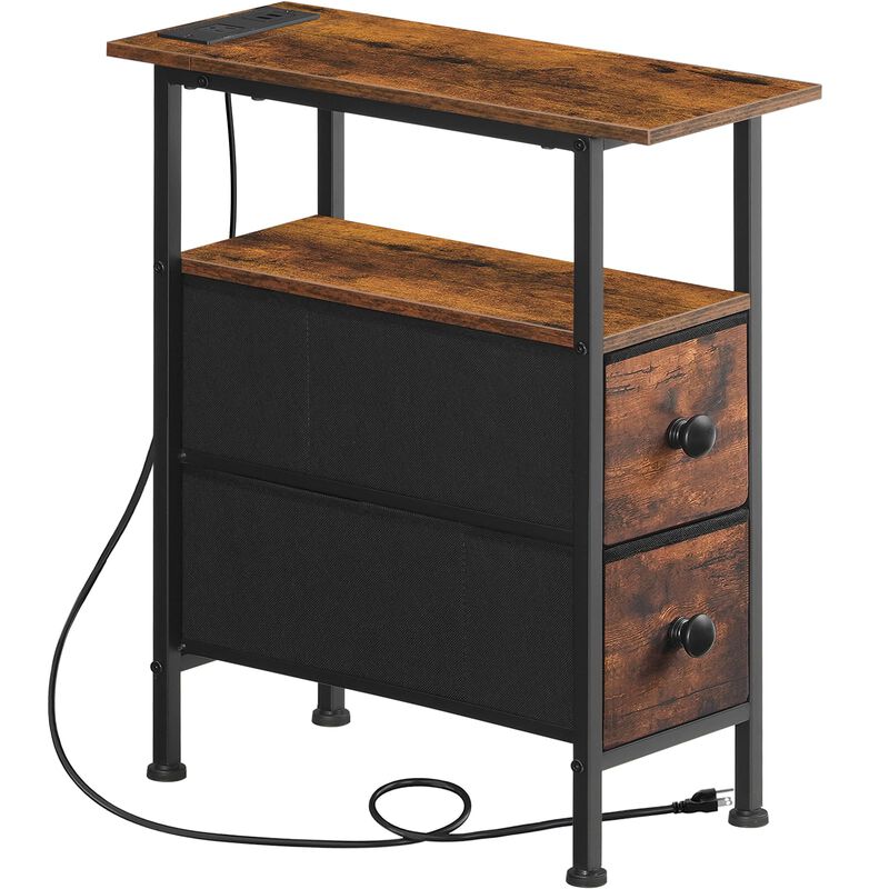 HOOBRO End Table with Charging Station, Narrow Side Table with 2 Fabric Drawers, Skinny Nightstand with Storage, Slim Bedside Ta