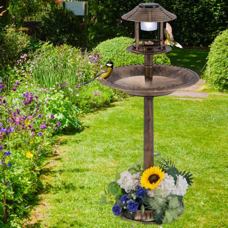 Hivvago Pedestal Bird Bath with Solar Light with Bird Feeder and Flower Planter