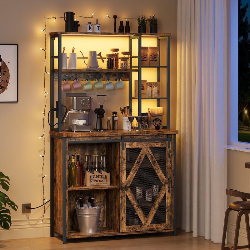 Microwave Stand Bakers Rack with Storage Cabinet, LED Lights and Outlet-Brown image number 1