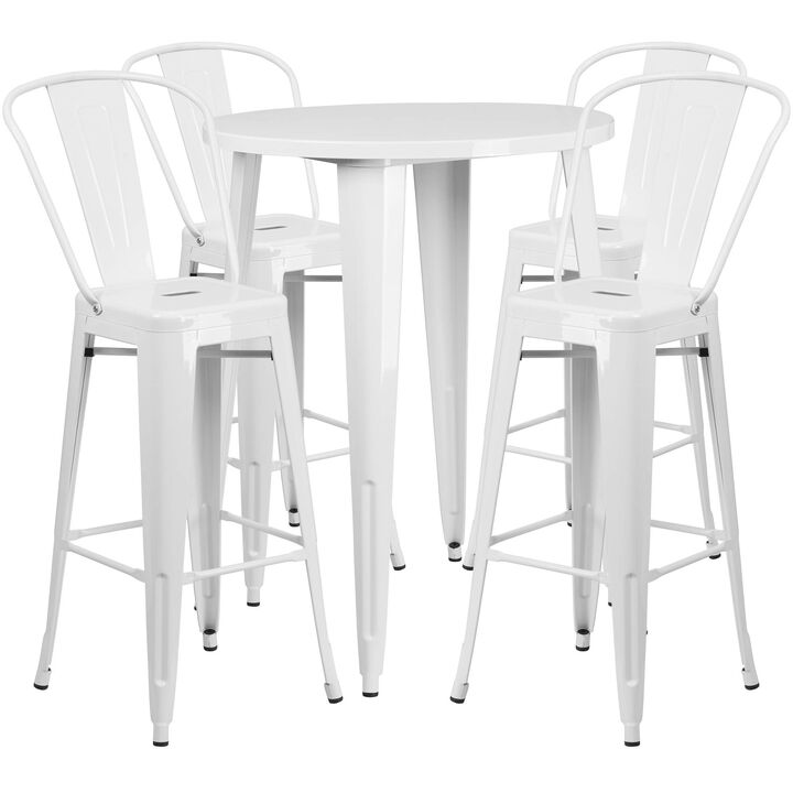 Flash Furniture Callum Commercial Grade 30" Round White Metal Indoor-Outdoor Bar Table Set with 4 Cafe Stools